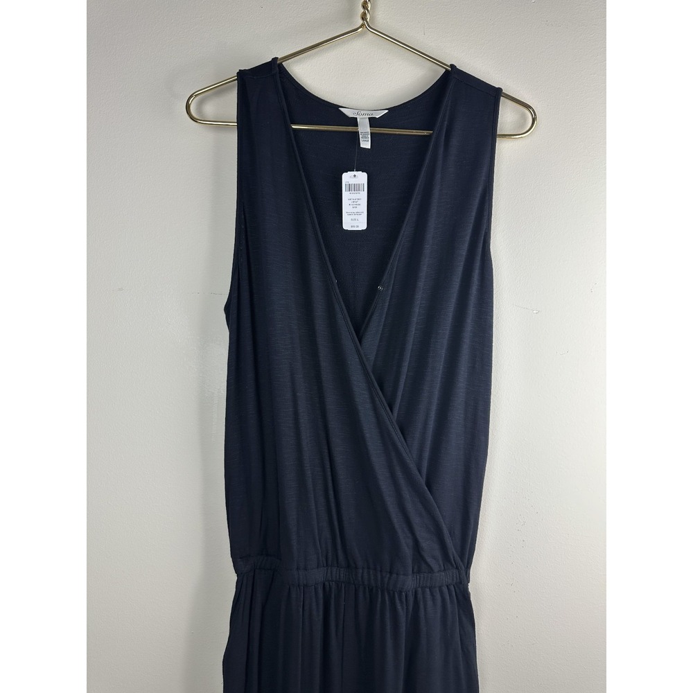 New Soma Soft Slub Terry Jumpsuit Sleeveless Belted Stretch Black Large 34" Long - Picture 3 of 11